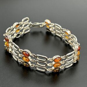 Baltic Amber & Sterling Silver 925 Tri Color Triple Strand Bracelet 7.5in
